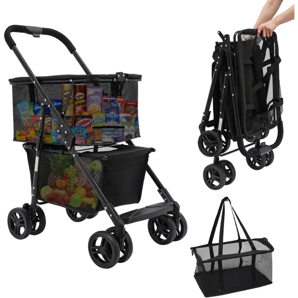 

Premium 360° Swivel Wheels Shopping Cart with Removable Tote Bag, 100lbs Capacity, Black