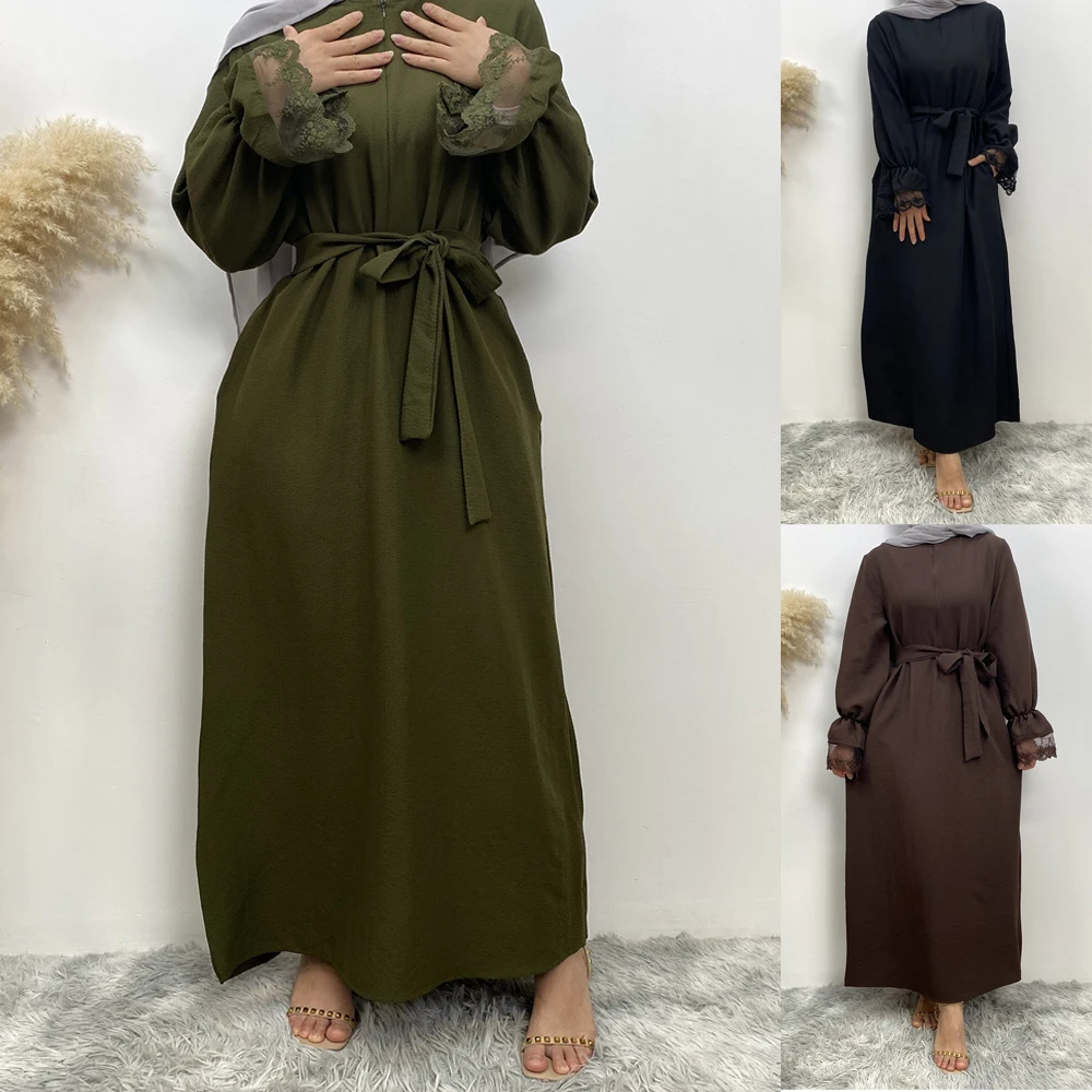 

Modest Women Abaya Open Front Zipper Muslim Lace Dress Turkey Dubai Eid Mubarak Kaftan Islamic Arab Robe Femme Ramadan Jalabiya