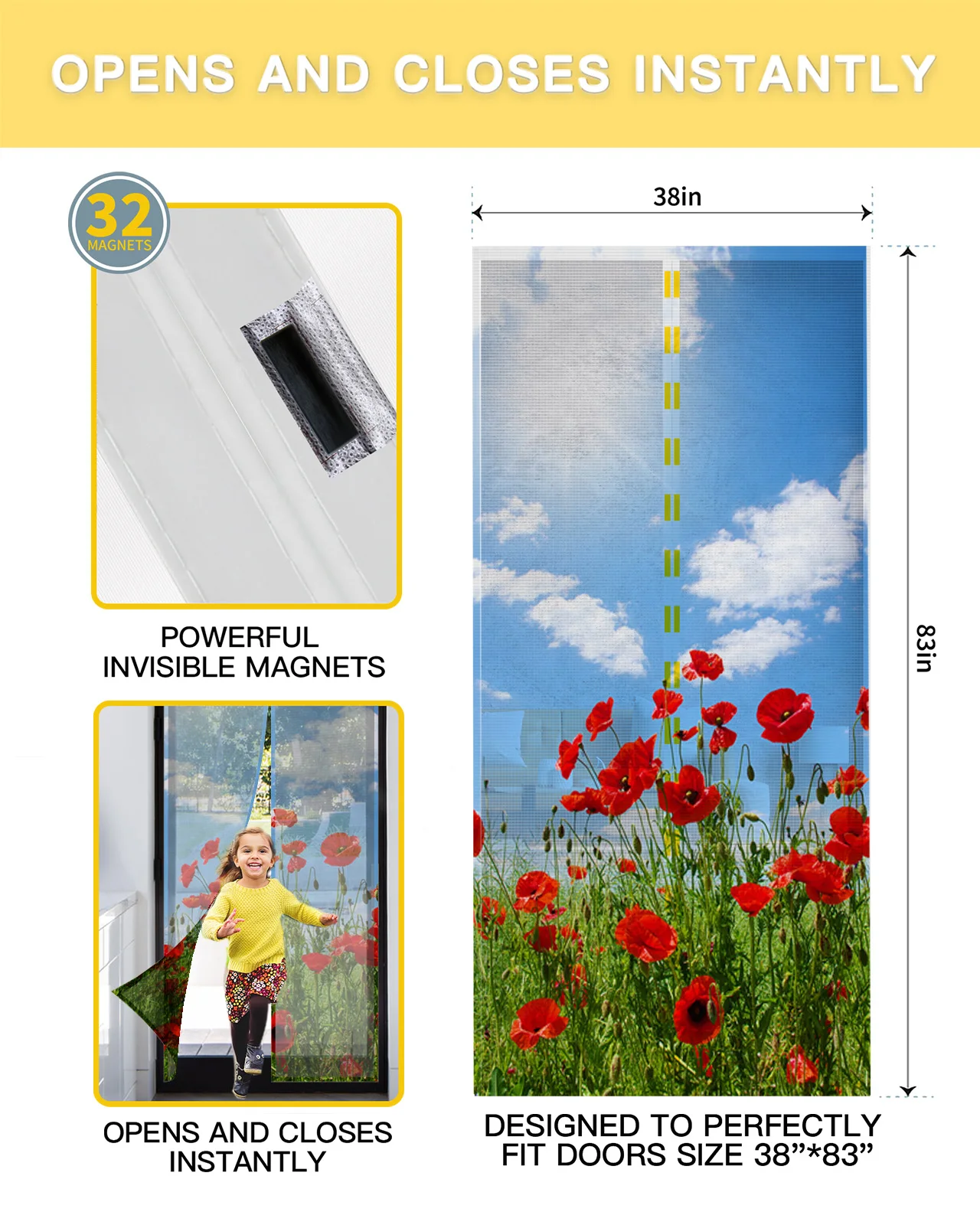 Poppy Flowers Sky Clouds Magnetic Mosquito Net Summer Anti Bug Fly Door Curtains Kitchen Screen Door Mesh