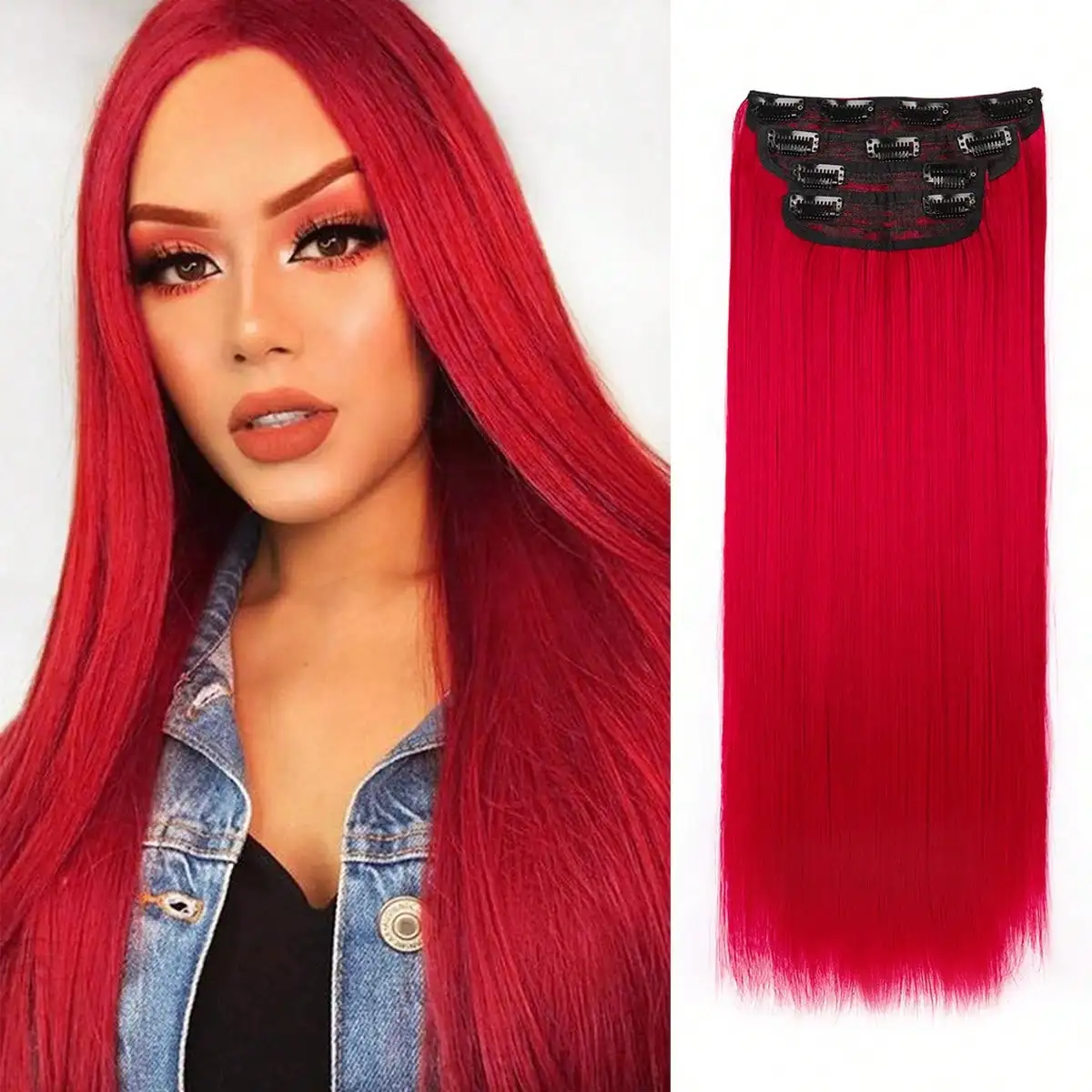 

Синтетические черные заколки для наращивания волос, прямые заколки для наращивания волос - мягкие и толстые (20 дюймов, 4 шт., красные)