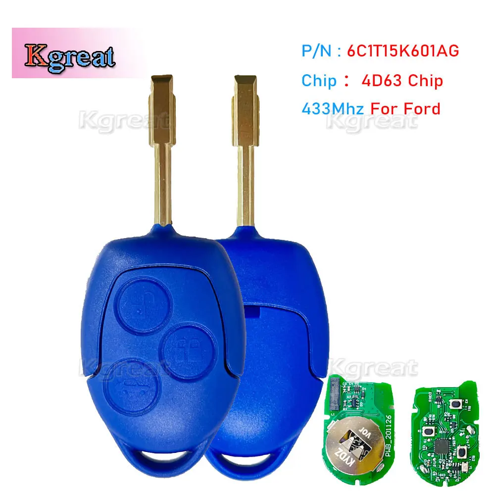 

3 Buttons Car Remote Key 4D63 Chip 433Mhz P/N: 6C1T15K601AG Blue Blade for Ford Transit WM VM 2006-2014 Car Key