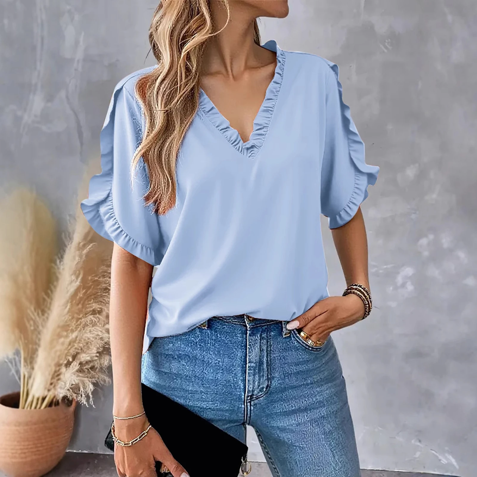 

Summer Elegant Women Blouse Short Sleeve Tops Fashion Black Ruffled V-Neck Loose Office Shirt Casual Streetwear Female Clothing