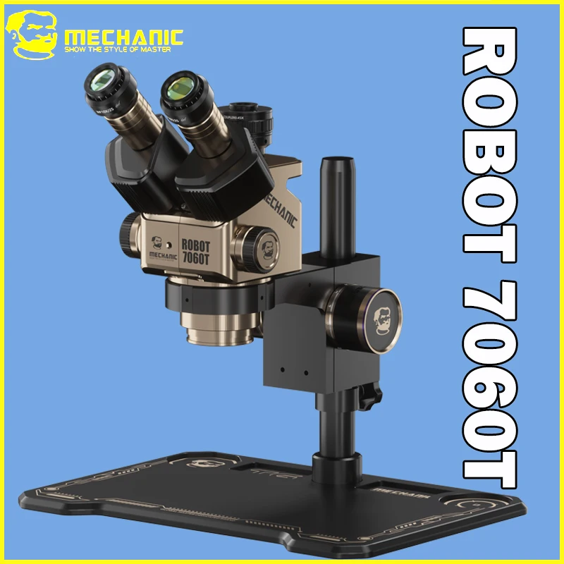 MECHANIC ROBOT 7060T 7X-60X Zoom-Mikroskop WF10X25 Weitwinkel-Okular CCD 0,45X Adapter Staubgeschütztes Objektiv Verstellbare Metallbasis