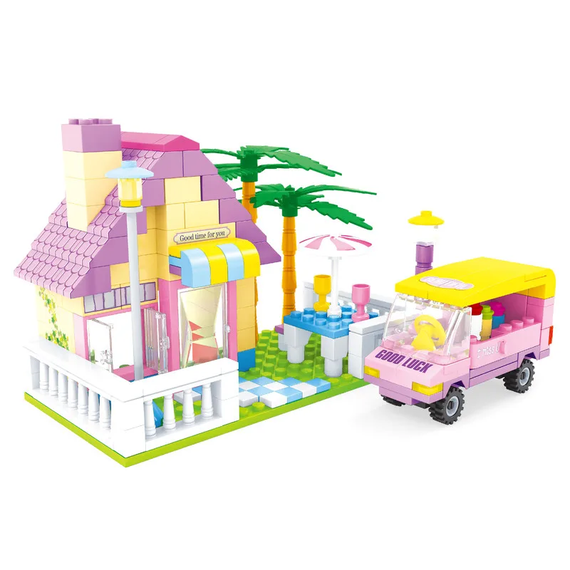 Girls Pink Beach Villa Building Blocks Set with Palm Tree Courtyard And Good Luck Snack Truck - DIY Educational Toy Kit for Kids
