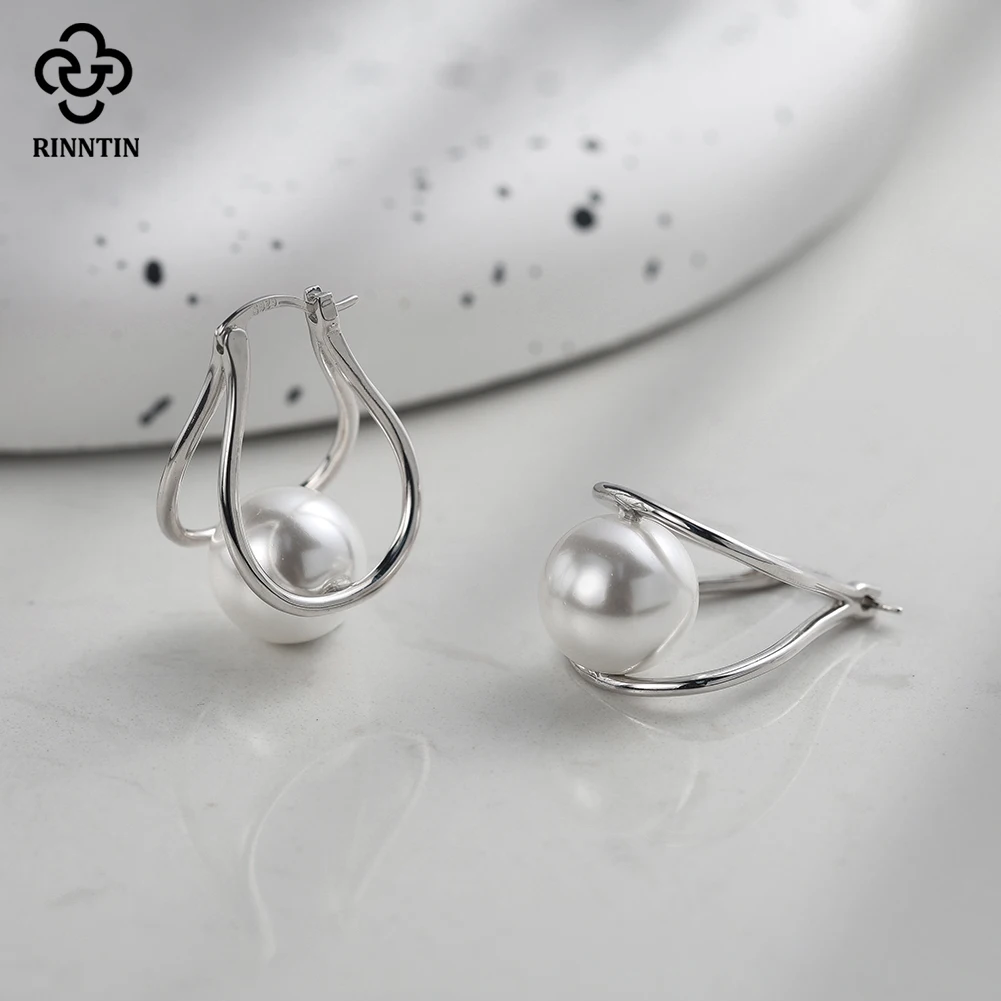 

Rinntin 925 Sterling Silver Elegant Shell Pearl Hoop Earrings Trendy Vacation Original 12mm Shell Round Earrings Jewelry PSE06