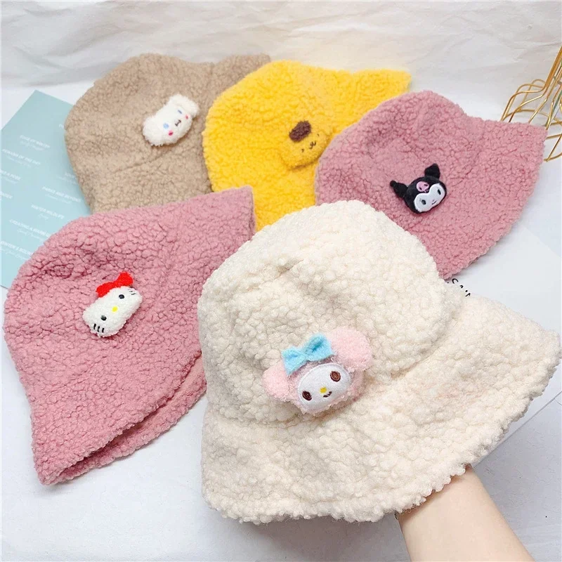 

Панама из овечьей шерсти Sanrio HelloKitty, осень и зима, милое лицо коричного цвета Kuromi, яркий праздничный подарок