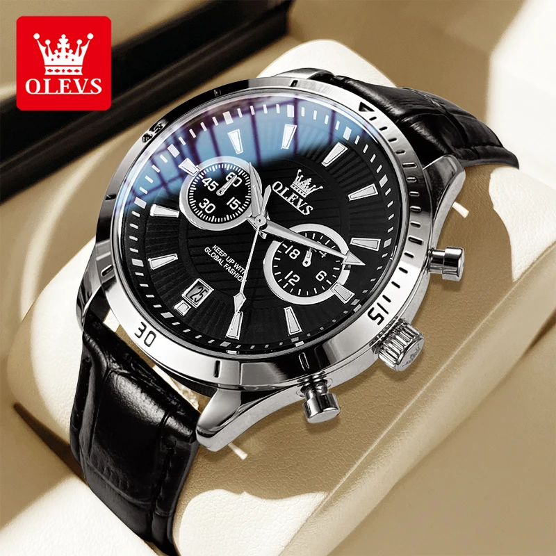 ساعات رجالية OLEVS من أفضل العلامات التجارية للشباب ساعة يد كوارتز أصلية مقاومة للماء بحزام جلدي كرونوغراف مضيء على مدار 24 ساعة