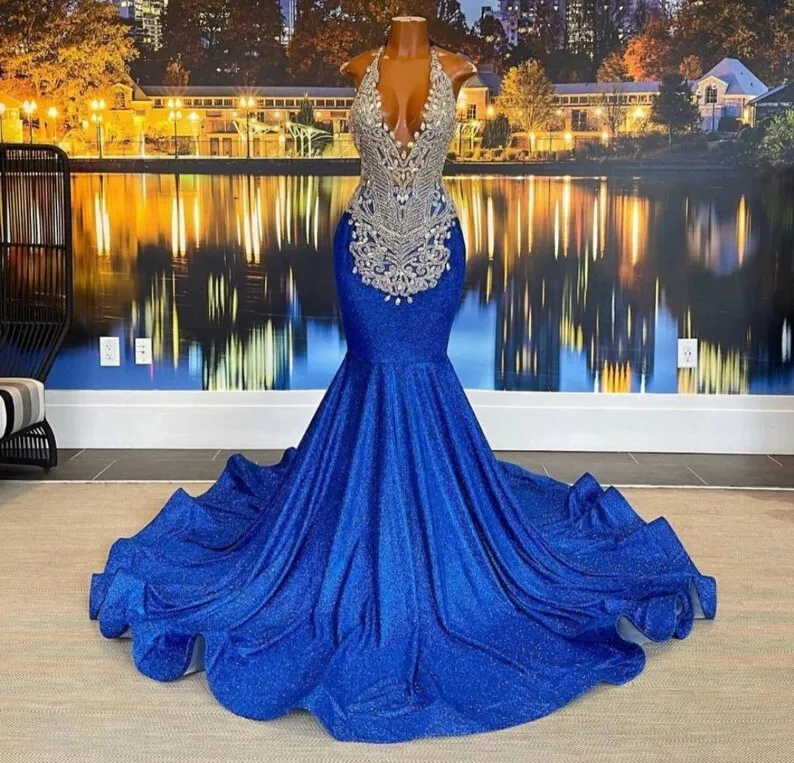 Royal Blue African American Prom Dresses Mermaid Halter Sequins Beaded Black Girls Robe De Soiree Evening Dress Gown Customized