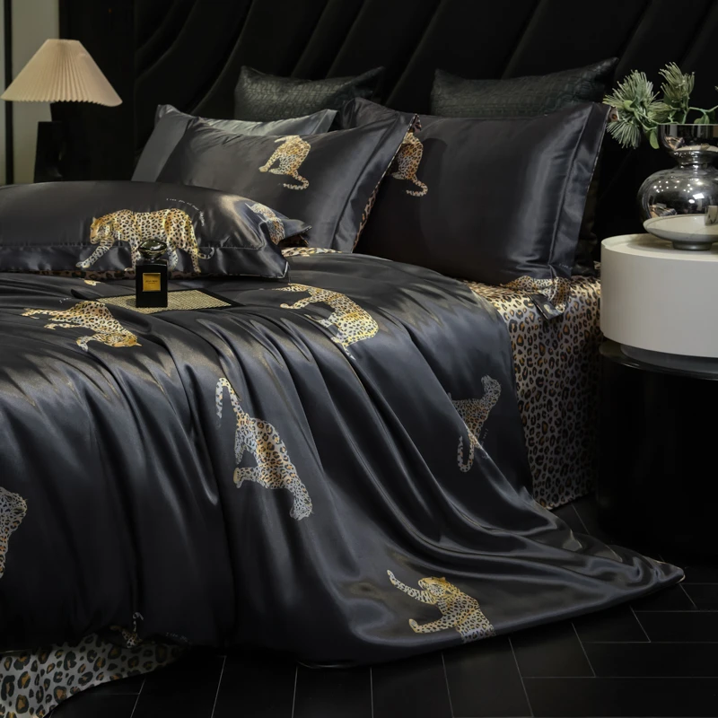 Golden Leopard Print Silky Smooth Cooling Duvet Cover Set,Double Queen Luxury Black Bedding Set Flat/Fitted Bed Sheet Pillowcase