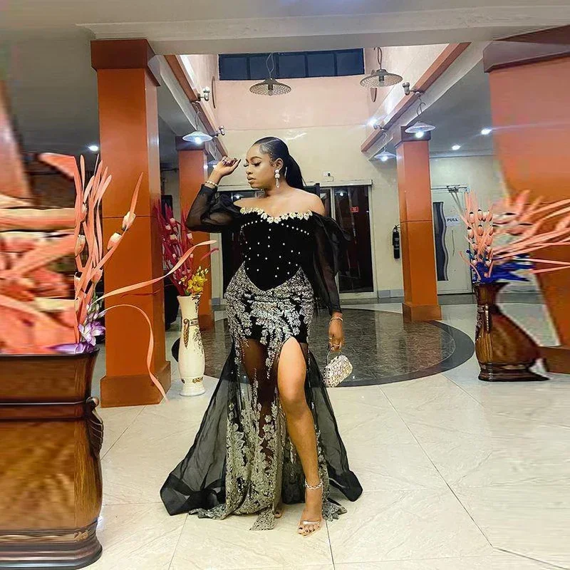 Elegante abito da sera da donna con perline di cristallo a sirena Aso Ebi Abito da sera sexy con spalle scoperte diviso per occasioni formali personalizzato