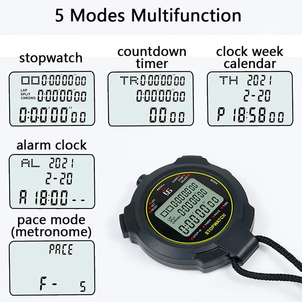 Digital Sports Stopwatch, 10Lap /Split Memory Stopwatch Count Down Timer, Large Display Waterproof 12/24 Hour Clock