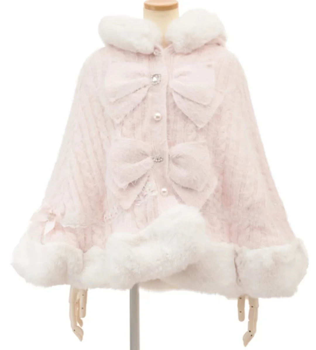 LIZ Japanese Style Sweet Soft Thick Double Layer Large Bow Knot Pearl Mouth Hoodie Knitted Cloak Women's Casual Loose Fit Coat