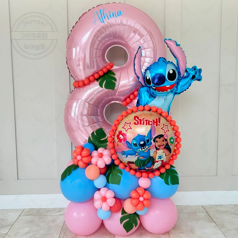 45 Stück Stitch Disney Theme Ballonsäule Rosa Blau Macaron Latexballons Babyparty Dekorative