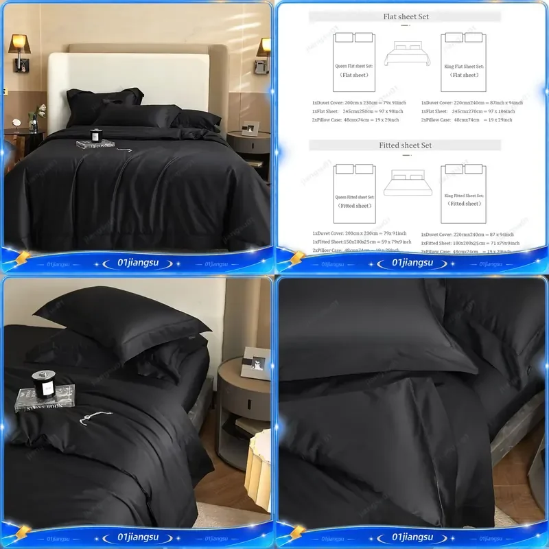 Luxury 1400TC Egyptian Cotton Bedding Set Black Silky Soft Duvet Cover Fitted Sheet Pillowcases 4 Piece Home Textiles Queen