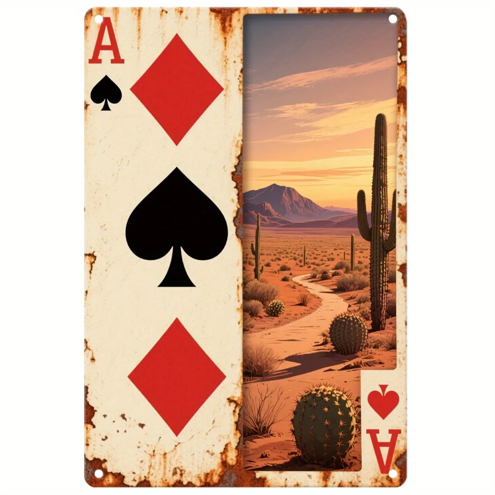 2D flaches Retro Western Desert Landscape Eisenschild – 11,8 x 7,87 Zoll Kaktus-Canyon-Kunst, Bar-Shop-Dekoration, westliches Geschenk