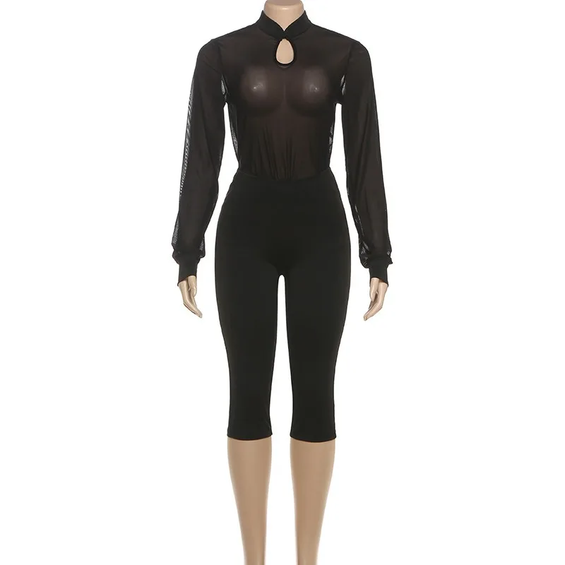 

2025 Autumn Sexy Spicy Girls Clubwear Slim 2 Piece Set Women Mesh Hollow Out Sheer Full Sleeve T Shirt Skinny Knee-length Pants