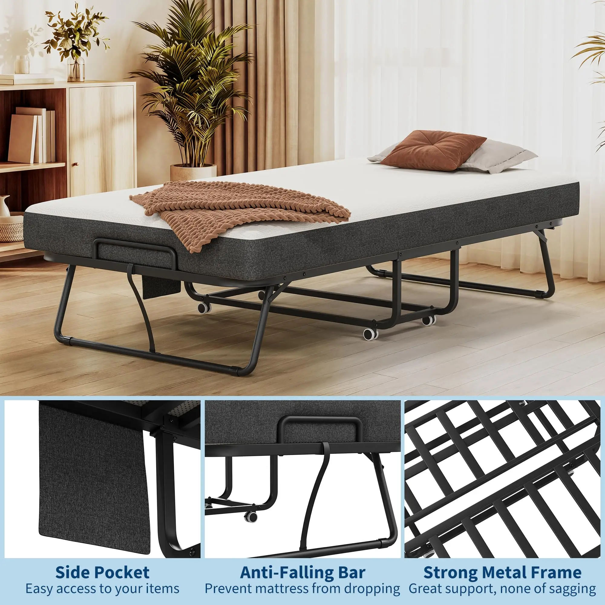 Folding Rollaway Bed 75 x 31/38/45 In With 5 Inch Memory Foam Mattress, Locking Wheels, Side Pocket, Portable Guest Bed For Home view 4