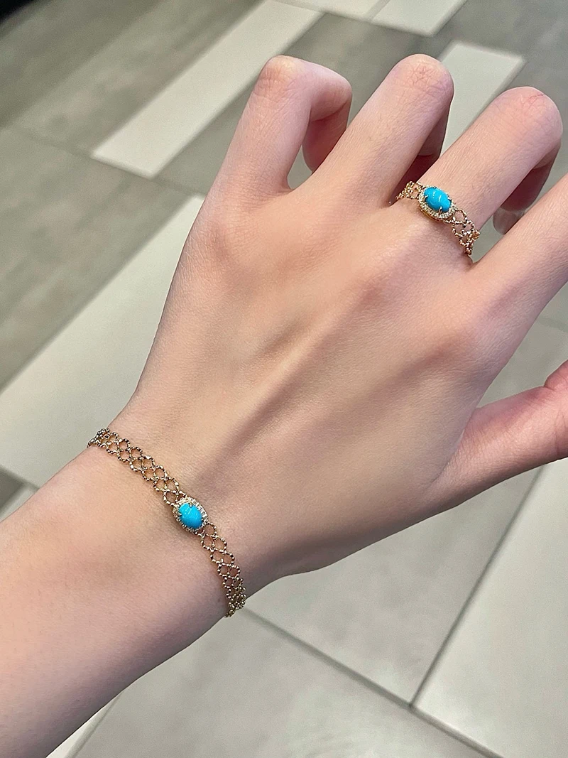 LUOWEND Bracciale in oro giallo 100% 18 carati Design in pizzo vintage Diamante lucido Bracciale e anello con turchese naturale per gioielli da donna