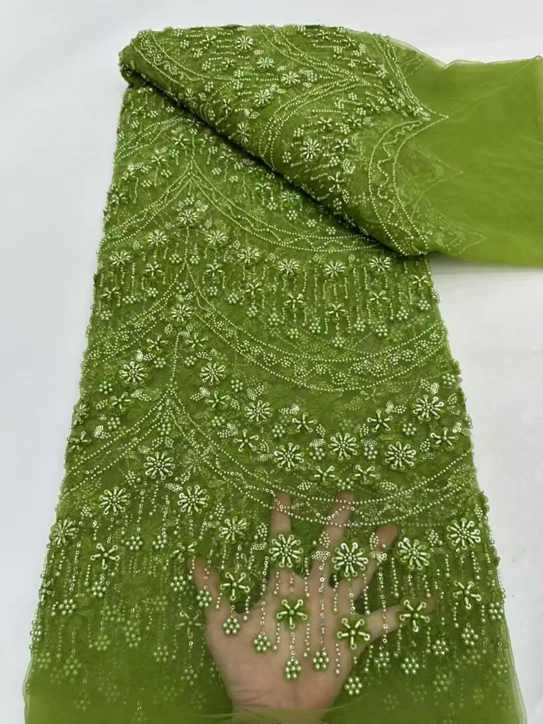 

Oliver Green Beaded Lace Fabric Embroidered Fabrics Of 5 Yards New Designs Brunt Orange Beaded Lace Fabric Sequins For Sewing