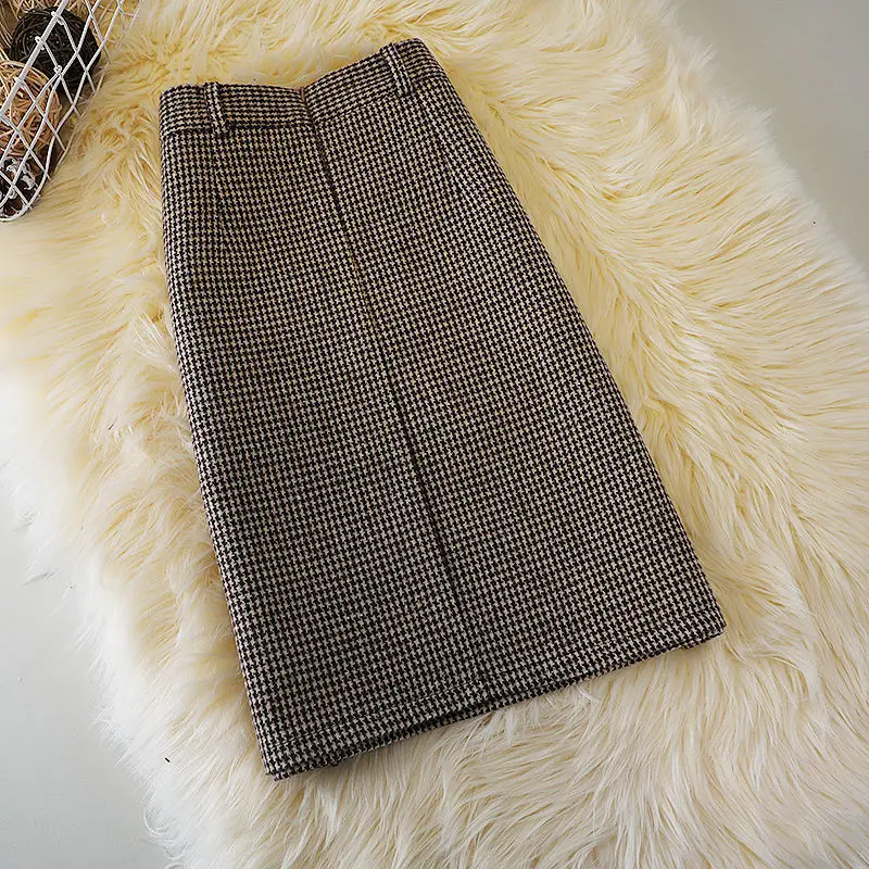 Moda w stylu vintage jesienno-zimowa damska Houndstooth kieszeń na zamek błyskawiczny szarfy prostota na co dzień szczupła średniej długości linia A