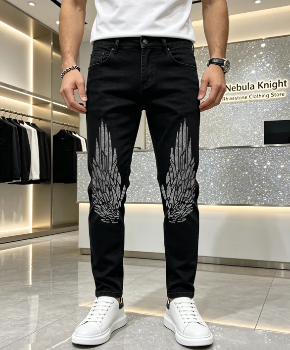 Fashion Mens Rhinestone Elastic Stretch Denim Jeans Summer Breathable Skinny Trousers For Daily Outing