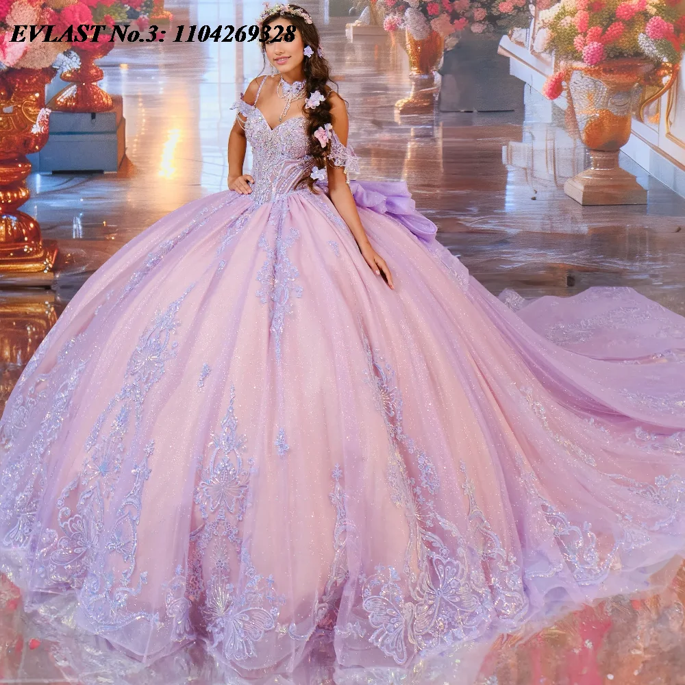 

EVLAST Customized Mexican Lilac Quinceanera Dress Ball Gown Lace Applique Beading Bow Corset Sweet 16 Vestido De 15 Anos E3Q219