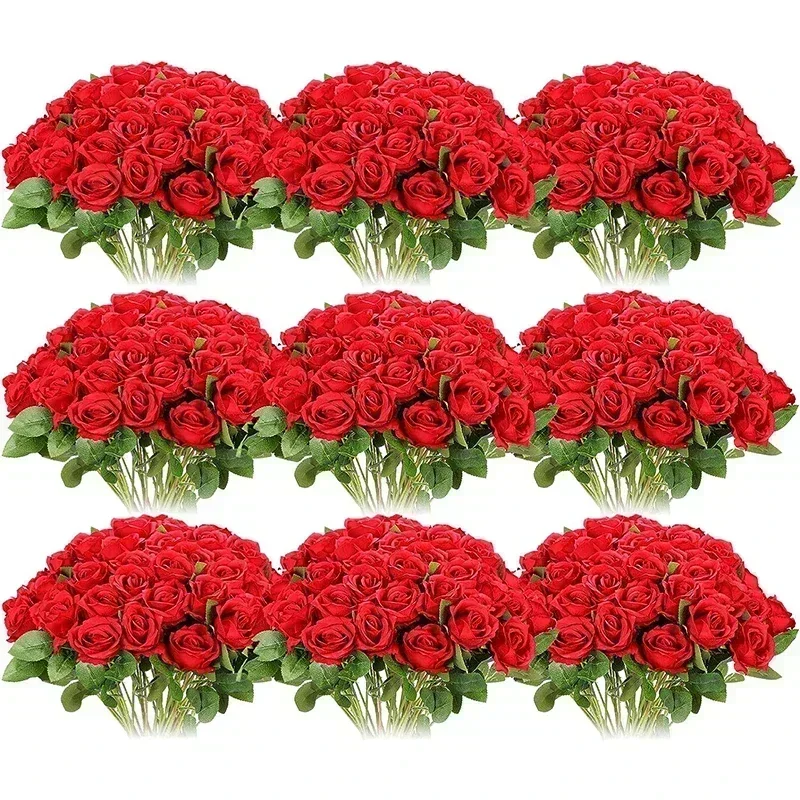 100 Pieces Artificial Roses Flowers Fake Silk Roses Bouquet for Table Centerpiece Vases Wedding Party Decor