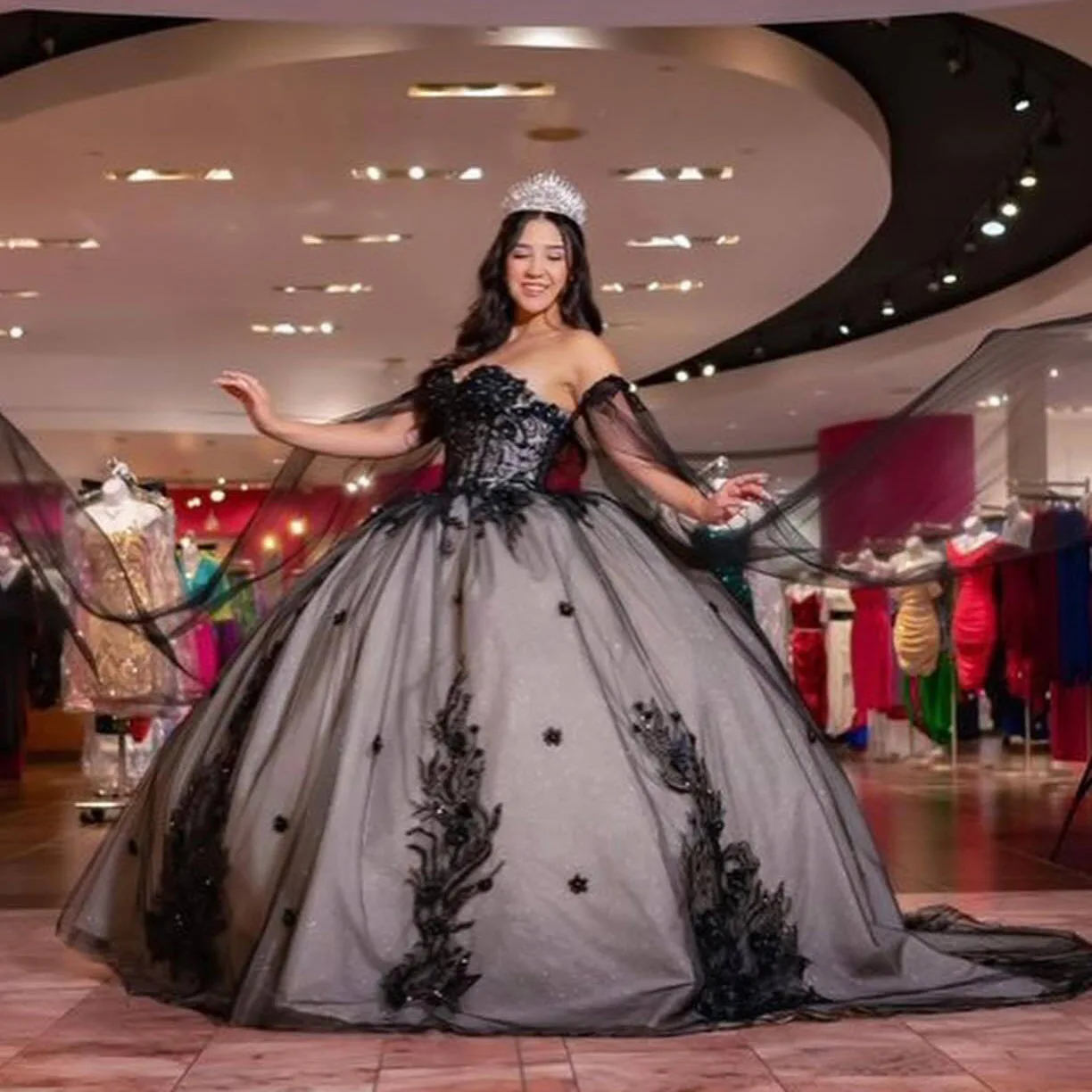 Veralove Black Quinceanera Dresses Ball Gown Off Shoulder Appliqued Sweet 16 Dress Floral Applique Vestidos De 15 Años