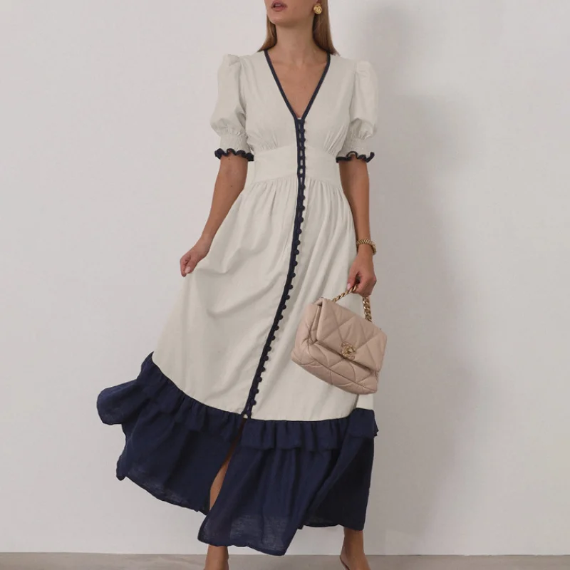 

Wind2025New Linen Color-Block Cardigan Dress with Ruffled Sleeves, Elegant Waist-Cinching Split Long Dress