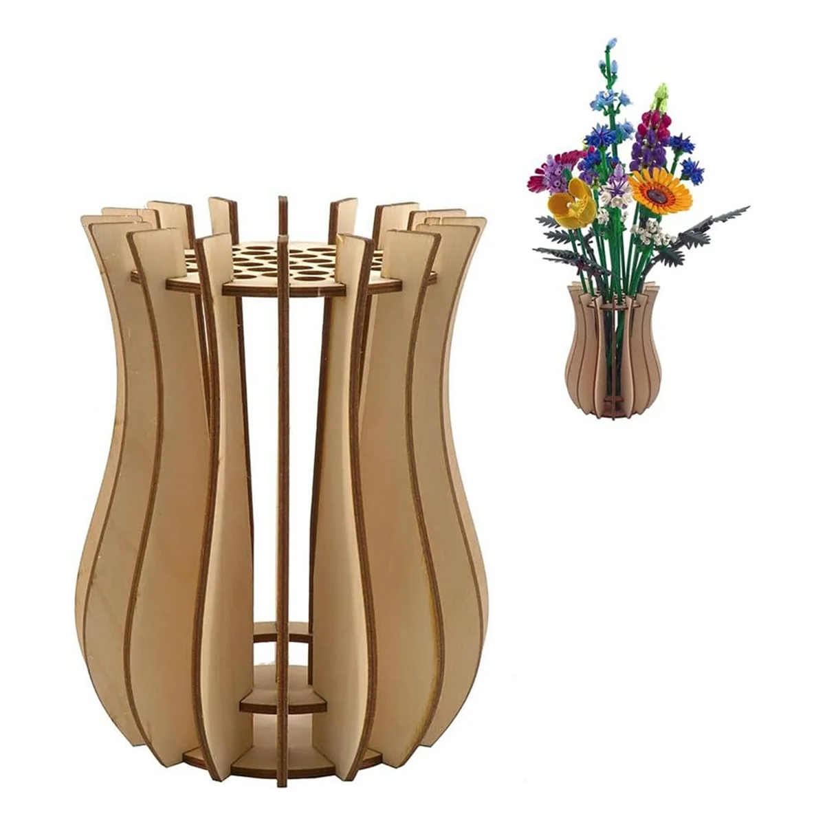 Trendy! Vase, Wooden Puzzle Vase, Fake Bouquet Building Block Set Display Stand, Gift for Flower Lovers