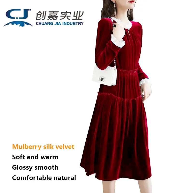 

Real Silk Velvet Spring and Autumn Women's Long-sleeved Collar Dress Lace Edge Crewneck Stitching MIDI Skirt Elastic Waist Skirt