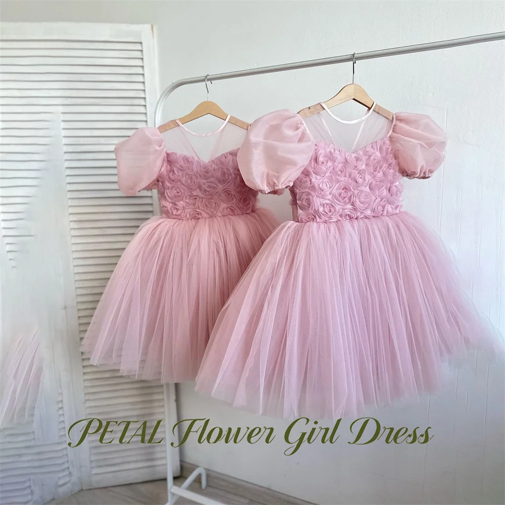 Petal Light Pink Princess Girls Dress with 3D Flowers Round Neck Short Sleeve Ball Gown Party Dress Fluffy Tutu A Line Prom Gown