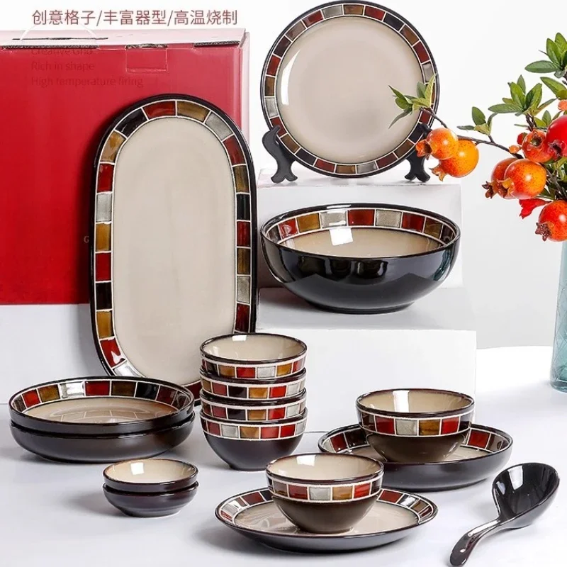 

American red plaid ceramic plate, rice bowl for home use, retro tableware set personality, wedding housewarming gifts