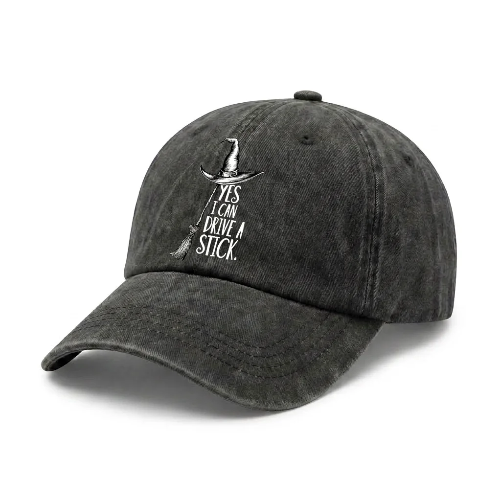 Vintage Washed Drive a Stick Witch Quote Baseball Cap, Adjustable Unisex Dad Hat, Funny Halloween Party Gift
