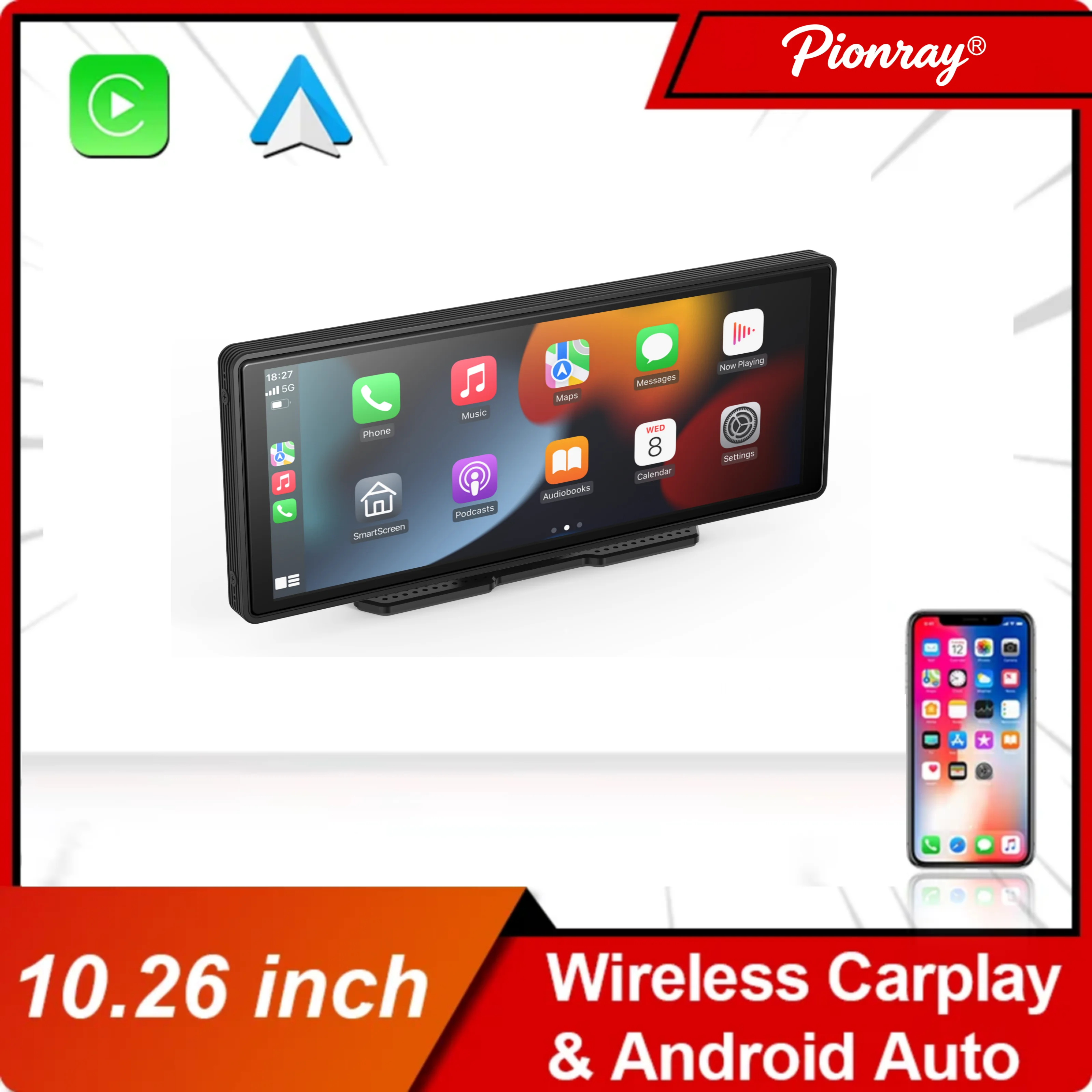 Estéreo portátil inalámbrico para automóvil con CarPlay, pantalla táctil HD de 10.26 pulgadas para automóvil con CarPlay y Android Auto con Mirror Link/cámara de reversa
