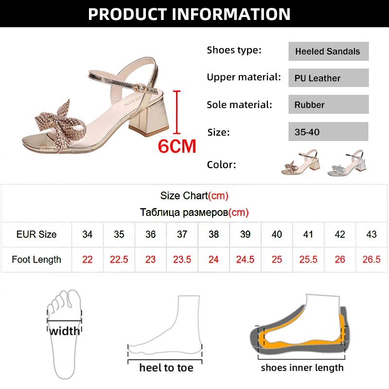 Gold Sliver Crystal Bowtie Heeled Sandals Women Summer Ankle Strap Thick Heel Sandles Woman Buckle Square Toe Party Sandalias