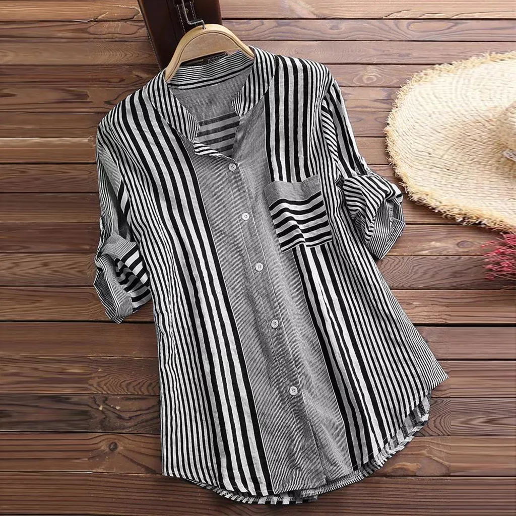 

Свободные полосатые длинные свеки Casual irt Женские уличные брюки V-Ne Casual Loose Long Sve irt Fem Street Faion