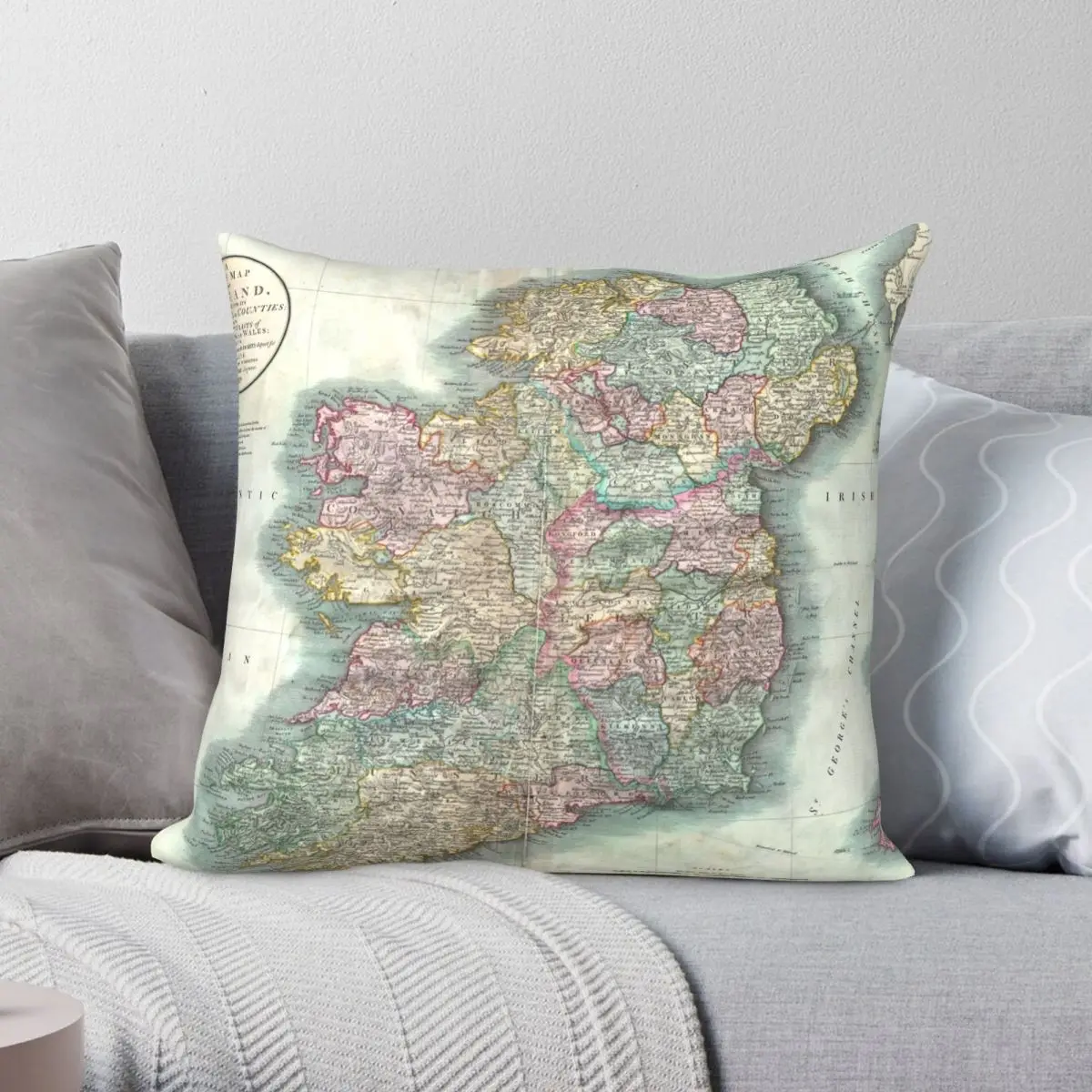 Vintage Map Of Ireland 1799 Square Pillowcase Polyester Linen Velvet Printed Zip Decor Pillow Case Sofa Cushion Cover 45x45