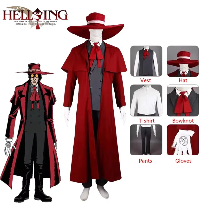 

Аниме Hellsing Alucard костюмы для косплея для мужчин и женщин красный плащ жилет рубашка брюки наряды Хэллоуин карнавальный костюм для вечеринки