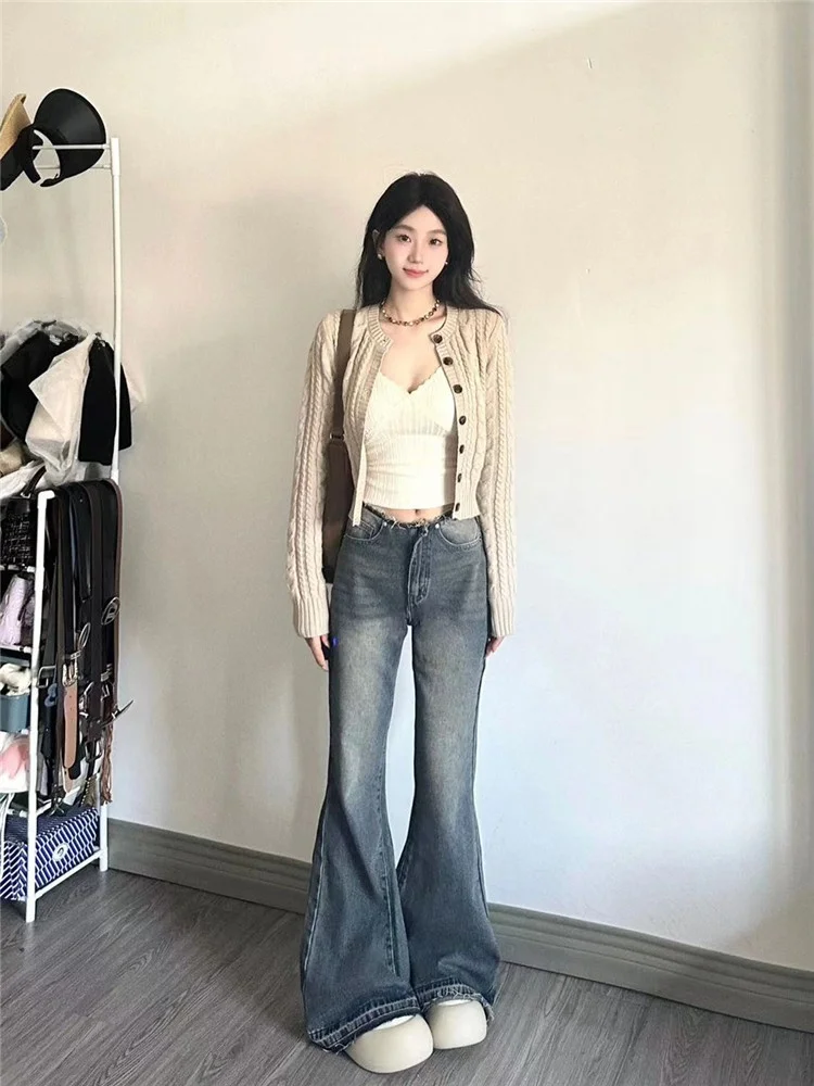 

Extended High Waist Bell Bottom Jeans Women's Low Waist Slimming Spring Autumn American Retro High Street Floor Length Pants