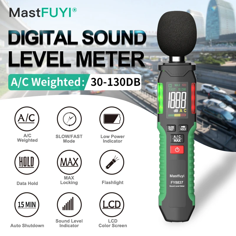 MASTFUYI FY8837 Portable Noise Meter Automatic Transmission 30-130db Audio Recording Sound Level Indicator Decibel Meter