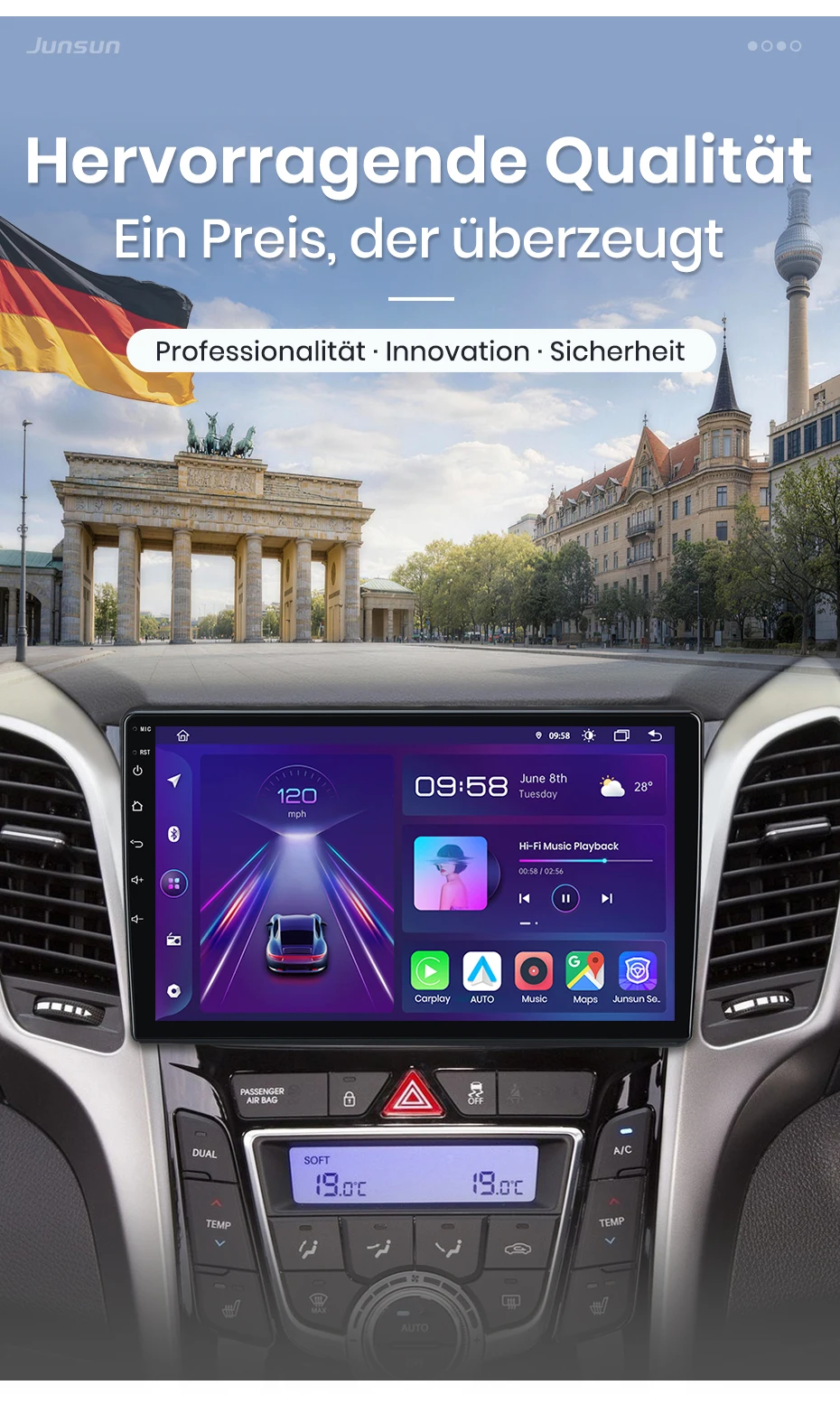 Junsun 9-Zoll Android 15 Autoradio für Hyundai i30 II Elantra GT 2011-2017, kabelloses Apple CarPlay, Auto-Bildschirm-Stereo-Multimedia-Videoplayer, intelligente Fahrzeugsysteme, 2-DIN Autoradio-Haupteinheit, GPS-Navigation, Bluetooth 4G, WLAN, FM, AMDSP, RDS, DAB+ – Detail 3