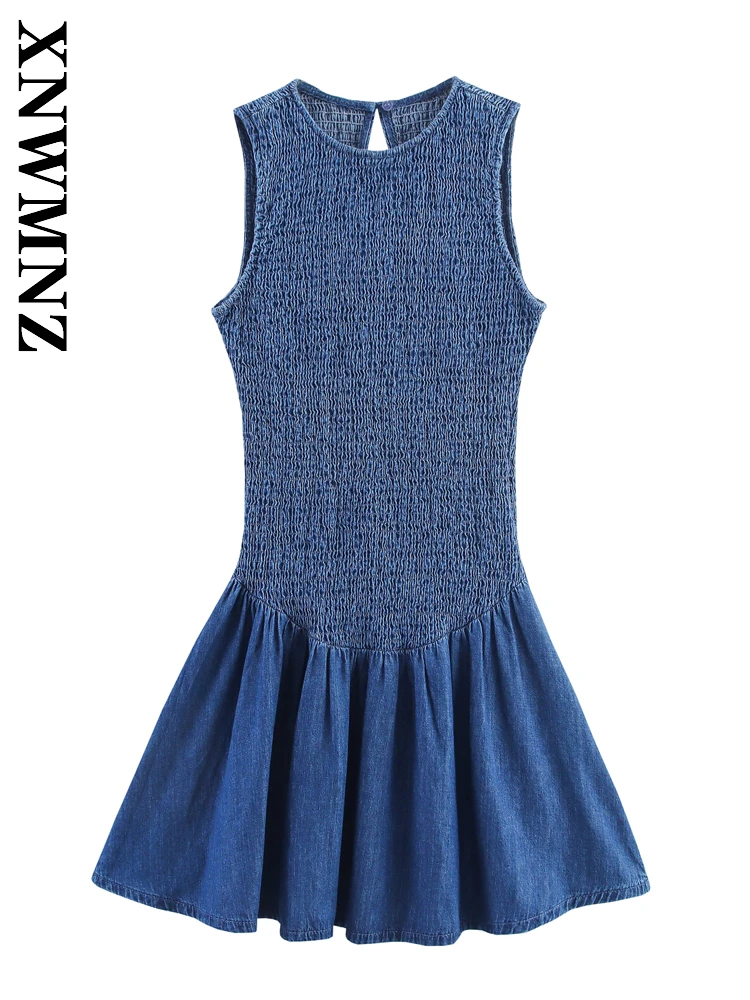 Xnwmnz 2025 verão mulher simples moda sem mangas o-gola em camadas mini vestidos casuais chique senhora azul emenda vestido plissado