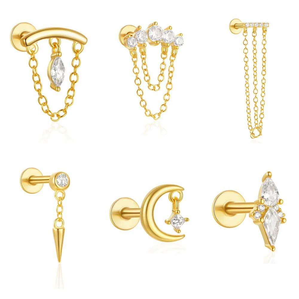 1PC Stainless Steel Tassel Chain Horse Eye CZ  Moon Stud 16G Women Flat Head Threaded Puncture Cartilage Conch Helix Ear Jewelry