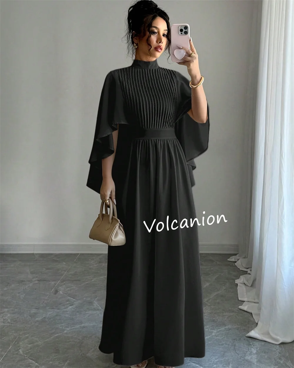 تخصيص الشيفون كشكش الطية ألف خط الياقة العالية فساتين متوسطة الطول مناسبة مخصصة العودة للوطن عادية بسيطة أنيقة