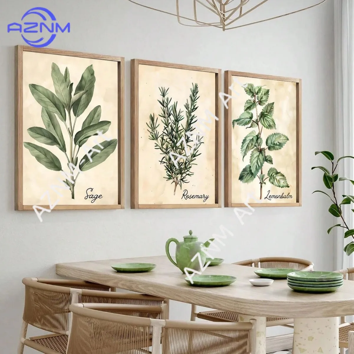 1/3PCS ，Vintage watercolor herbs living room kitchen dining room decor frameless