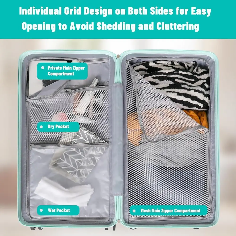 Mint Green 20 & 28 ABS+PC Luggage Set with TSA Lock, Dual Zipper & Mesh Lining