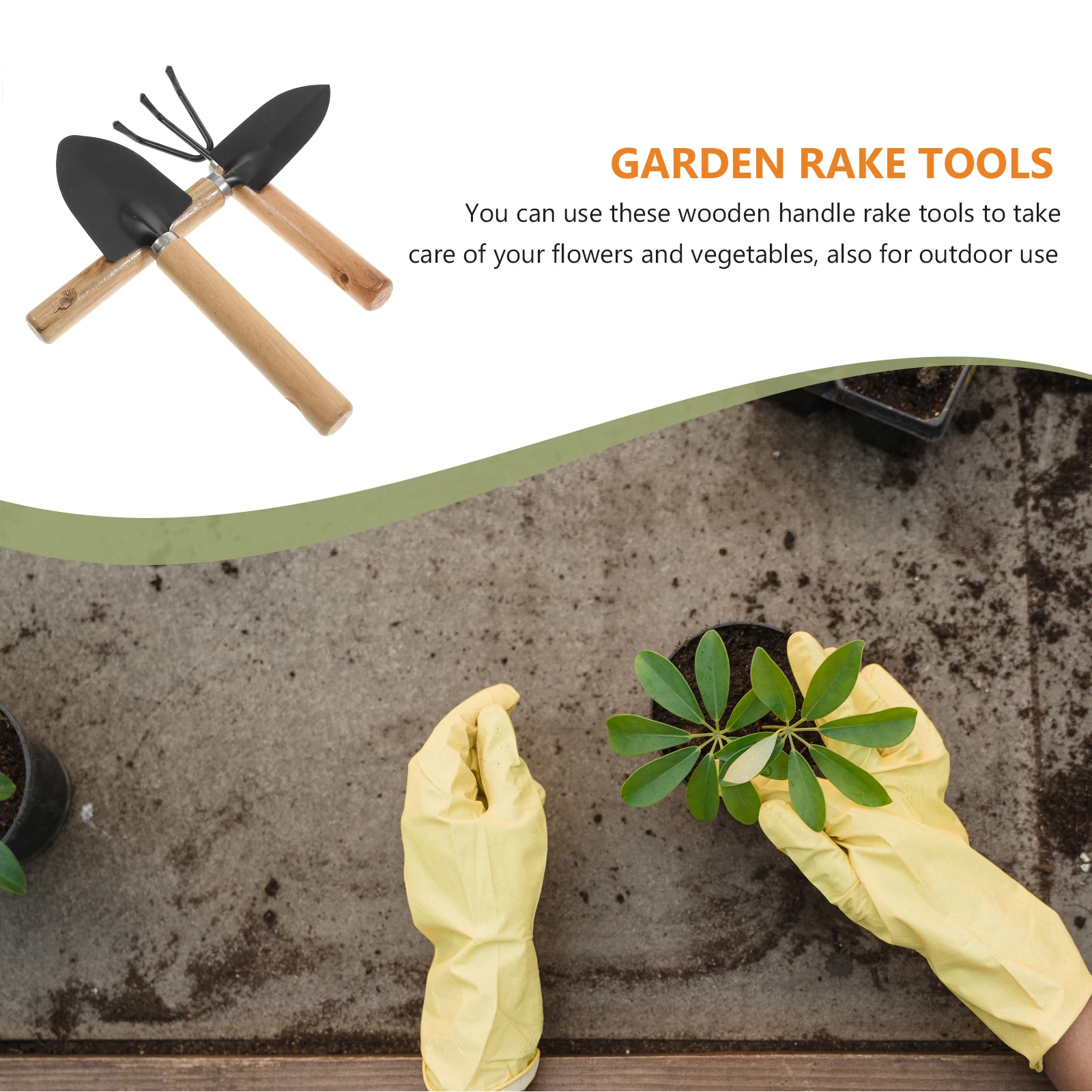 3pcs Gardening Tools Set Rust-Resistant Mini Shovel Trowel Rake 18cm Wood Handle Black Iron Garden Tool Camp Sand Play Beach