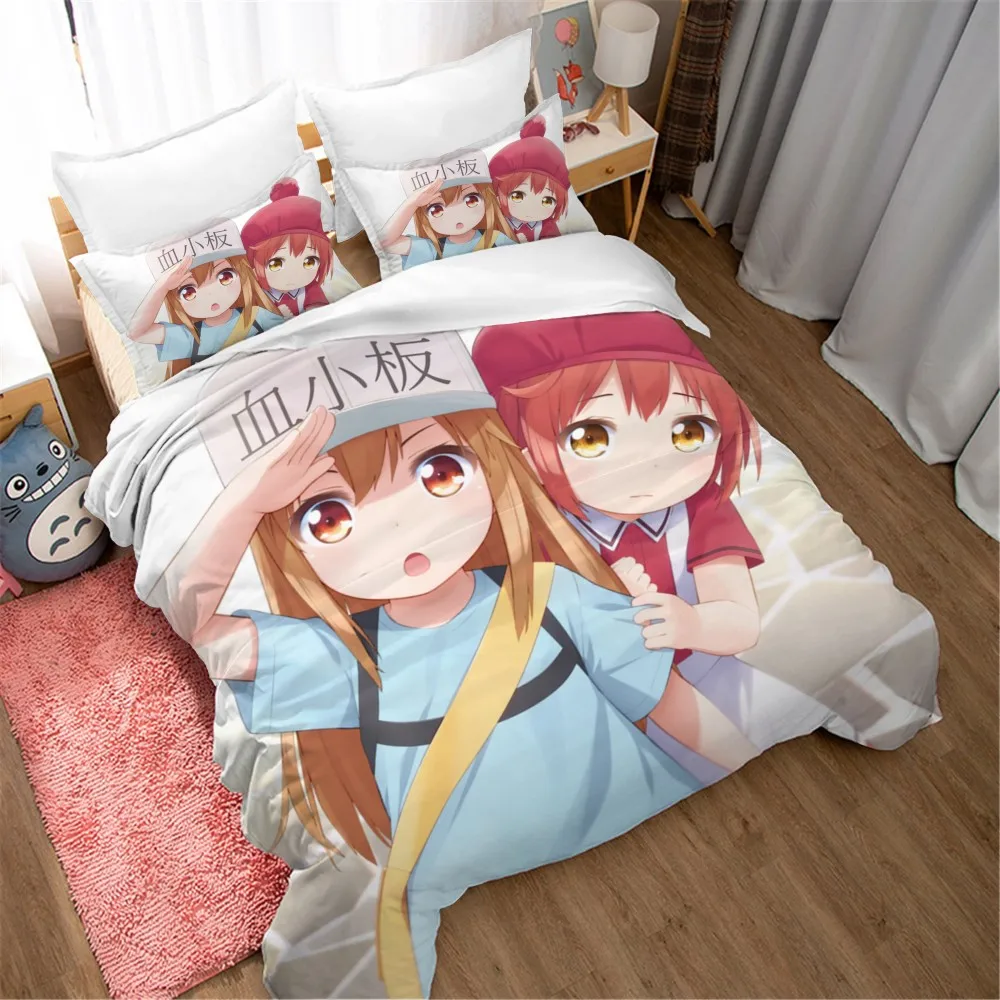 Anime Girls Bedding Set Cells at Work Duvet Cover Pillowcase Cartoon Comforter Cover Set 2/3 Piece Bed Linen Set for Teens Boys