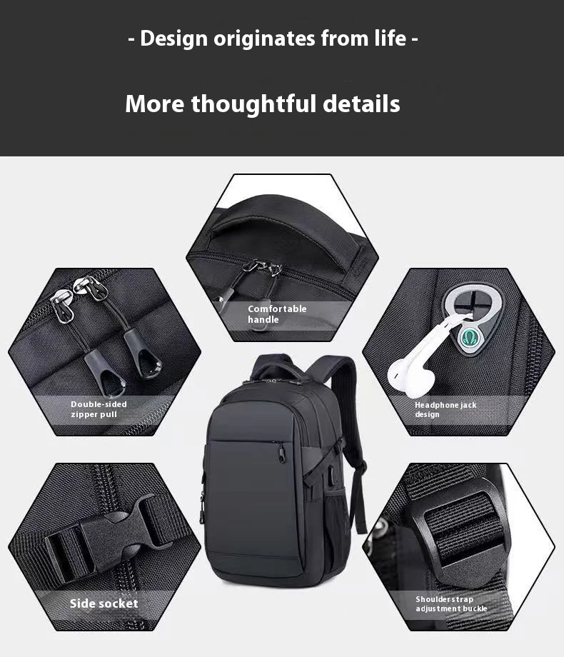 حقيبة ظهر عصرية للكمبيوتر المحمول مصنوعة من الجلد مع مقبس سماعة الرأس - حقيبة طلابية كاجوال للتنقل أثناء العمل